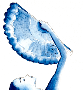 Du siehst den FÃ¤cher der Tango Lady im Detail, gemalt mit indogoblauer Aquarellfarbe