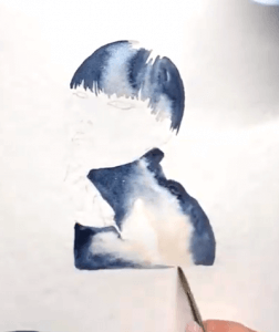Du siehst wie ich das Asia-Portrait weiter mit Indigoblau bemale