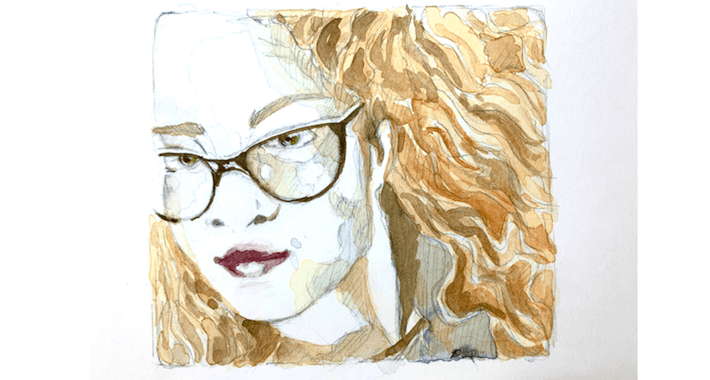 Du siehst ein Selbstportrait mit Bleistift gezeichnet und mit Aquarellfarben koloriert