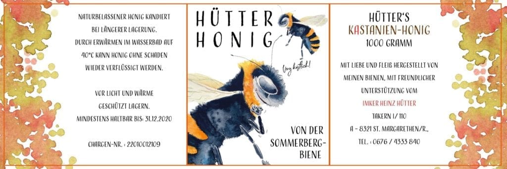 Du siehst das fertige Etikett für den Sommerberger Honig mit einer Biene Aquarell